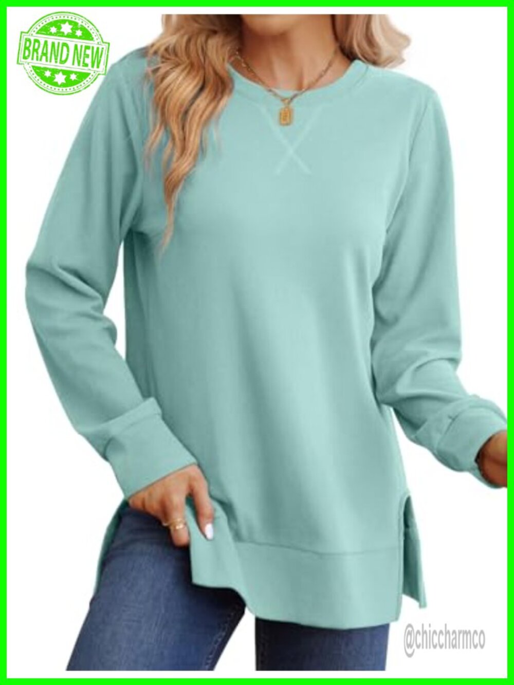 Saloogoe Womens Crewneck Side Split Hem Long Sleeve Sweatshirt Pullover